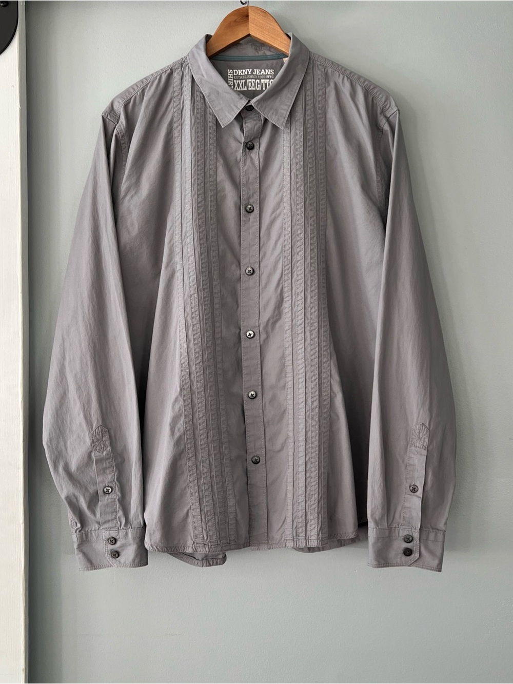 DKNY Jeans Long Sleeve Embroidered Stripes Button Up Cotton Casual Gray Shirt